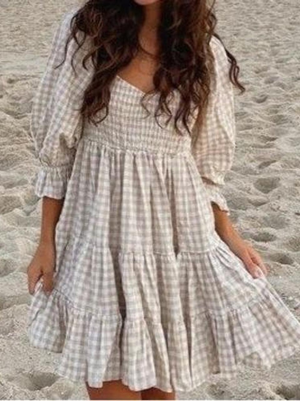 MABLE Beige Gingham Puff-Sleeve Tiered Mini Dress